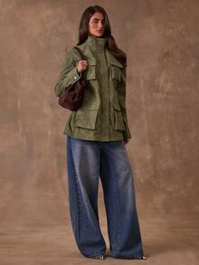 SHEIN BAE Jaket Utility PU Suede Imitasi Warna Hijau Zaitun, Kerah Tegak, Kancing Jepret, Tali Serut di Pinggang dengan Banyak Kantong Berpenutup, Mantel Kasual Gaya Jalanan untuk Musim Gugur dan Musim Dingin - Hijau Tentara - View 5