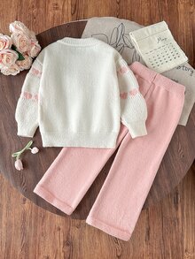 New Fashion Versatile Cute Girls' Heart & Bow Knit Sweater Set, Soft & Comfortable, Suitable For Daily Wear, Outings, Travel, Vacation, Home, And Festivals - Pink - View 2