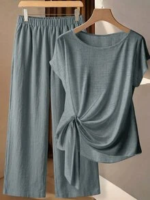 SHEIN Clasi Women's Summer Vacation Casual Versatile Shirt & Pants Set - Mint Green - View 1
