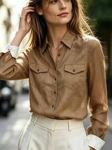 Trelyra Women's Long Sleeve Single-Breasted Utility Pocket Casual Shirt - Brown - View 3