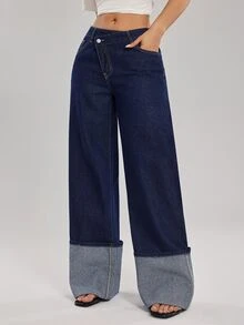 SHEIN Tall 女款時尚通勤不對稱腰線牛仔褲 - 深色水洗藍 - 查看 3