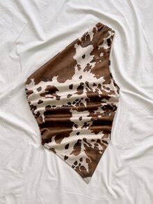 Soleia Plus Size Women's Asymmetrical Shoulder Asymmetrical Hem Vacation Top - Brown - View 3