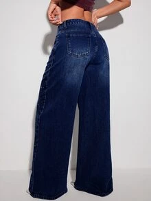 SHEIN ICON Women's Rhinestone Embellished Pocket Wide Leg Loose Low Waist Denim Jeans - Dark Wash - View 2