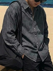 DAZY Spring/Autumn Washed Distressed Black Loose Fit Plus Size Men's Denim Jacket - Black - View 3