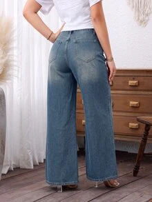 SHEIN PETITE 女款休閒水洗寬腿牛仔褲 - 藍色 - 查看 2