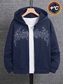 SHEIN 兒童青少年男童街頭風哥德字母印花黑色拉鍊連帽衛衣 秋季款 - 藏蓝色 - 查看 6