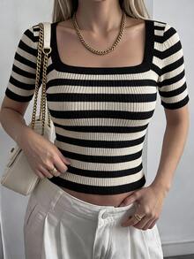 DAZY Women's Striped Halter Neck Fitted Knit Top - Black - View 6
