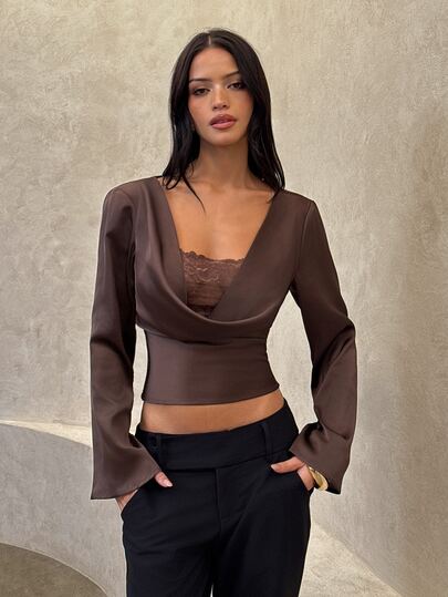 Aloruh Women's Sexy Lace Patchwork Cowl Neck Cropped Blouse