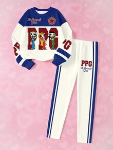 THE POWERPUFF GIRLS X SHEIN Tween Girl Cartoon Pattern Long Sleeve Sweatshirt And Sweatpants Set - White - View 1