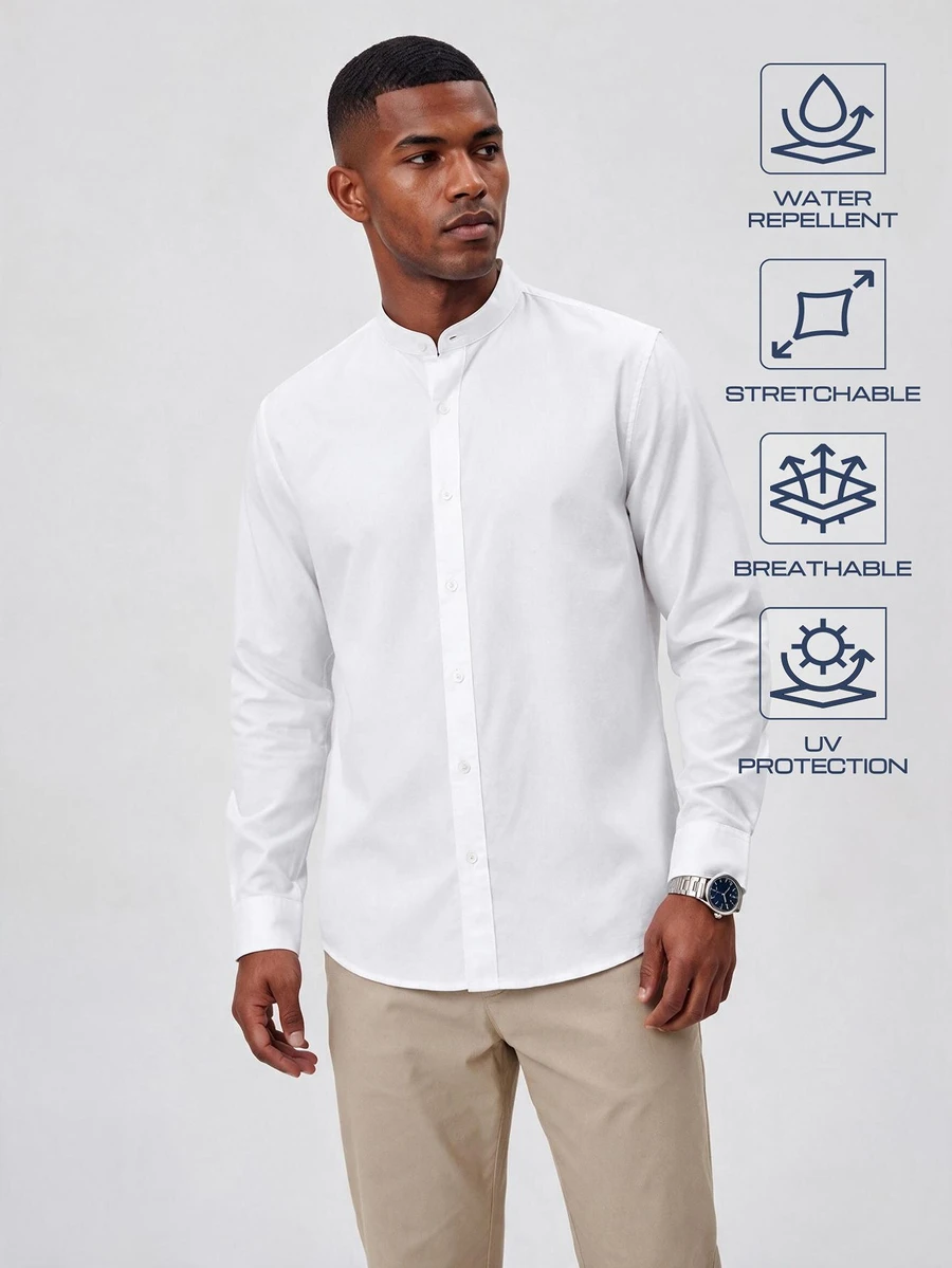 TekDrob Water Repellent & UV Protection Shirt With Mandarin Collar And Regular Fit - White - View 1