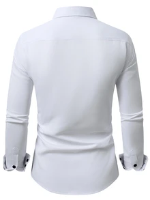 Manfinity Bizformal 男士純色斜紋領口鈕扣長袖襯衫，修身商務休閒百搭正裝襯衫 - 白色 - 查看 2