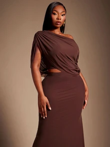 Radiana Plus Size Women's Spring/Summer Fashion Elegant Long Dress, Asymmetrical Drape One-Shoulder Design, Combining Goddess Style And Greek-Inspired Pleated Details - Brown - View 5