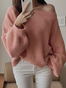 DAZY Women's Solid Color Loose Asymmetric Neck Long Sleeve Lantern Sleeve Casual Vacation Autumn/Winter Knit Sweater - Pink - View 3