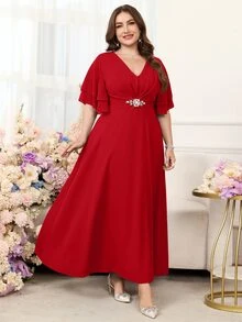 Reflora Plus Size Women's V-Neck Ruffle Short Sleeve Waist Rhinestone Decor Elegant Dress - Red - View 10
