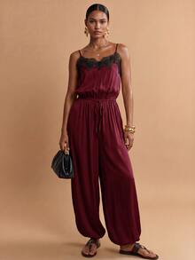 Zivah 女款優雅蕾絲拼接細肩帶連身褲 - 酒紅色 - 查看 8