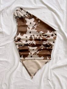 Soleia Plus Size Women's Asymmetrical Shoulder Asymmetrical Hem Vacation Top - Brown - View 2