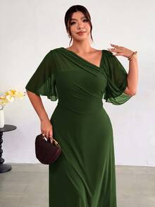 Firerie Plus Size Asymmetrical Neckline Pleated Dress - Olive Green - View 3