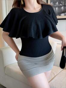 Vibekara Autumn/Winter Fashion Slimming Cold Shoulder Black Ruffle Off Shoulder Knit Pullover Sweater - Black - View 8