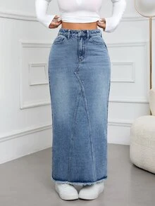 Rivivi Summer New Refreshing Loose Plus Size Denim Split Long Skirt - Blue - View 6