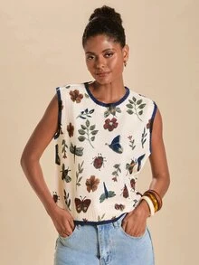 Travachic Women's All-Over Print Casual Cottagecore Cute Daily Brunch Knit Top Off-White Autumn - Multicolor - View 5