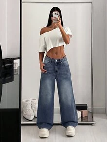 SHEIN Celana Jeans Denim Retro Model Lebar dengan Pinggang Tinggi, Desain Banyak Saku, Potongan Longgar, Cocok untuk Sehari-hari, Serbaguna, Panjang Hingga Lantai - Medium Wash - View 5