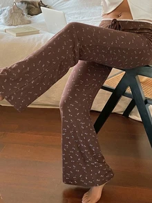 Livesso 女款花卉針織對比飾邊腰帶睡褲 - 棕色 - 查看 6