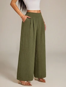 SHEIN PETITE Women's High-Waist Solid Color Pleated Wide Leg Loose Basic Casual Pants Winter Spring - Army Green - View 3