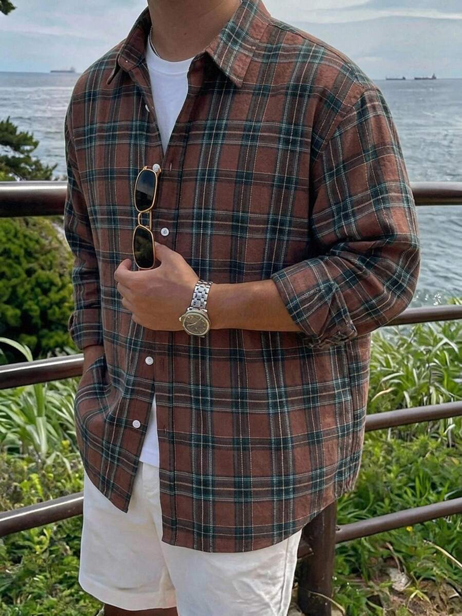 DAZY Spring/Autumn Brown Plaid Multi-Color Loose Fit Men's Shirt - Multicolor - View 1