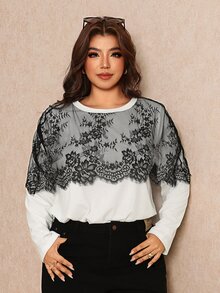 Elaquor Kaos Kasual Lengan Panjang Leher Bulat Berenda Kontras Ukuran Besar untuk Wanita, Kaos Kantor Elegan Berenda untuk Wanita, Kaos Kasual Sehari-hari untuk Bepergian. - Hitam dan Putih - View 4