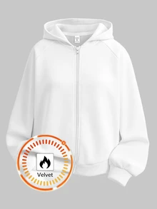 SHEIN 青少年女孩白色保暖內裡連帽百搭休閒衛衣，秋冬長袖純色極簡學院風衛衣 - 白色 - 查看 1