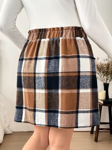 Easowa Curve Plus Size Women's Plaid Skirt With Elastic Waist, Frill Trim And Pockets - Multicolor - View 2