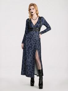 Breakform Gothic Goth Halloween Sexy Long Printed Lace-Up Long Sleeve Dress With Snake Pattern, Dark Romantic Style Night Fall - Multicolor - View 5