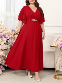 Reflora Plus Size Women's V-Neck Ruffle Short Sleeve Waist Rhinestone Decor Elegant Dress - Red - View 4