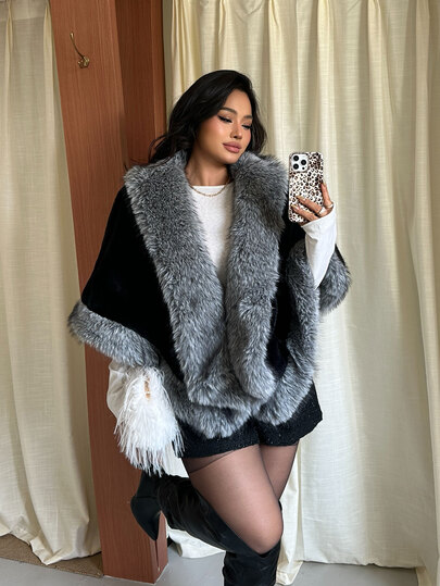 GalTyme Plus Size Women Loose Fashion Batwing Sleeve Faux Fur Coat
