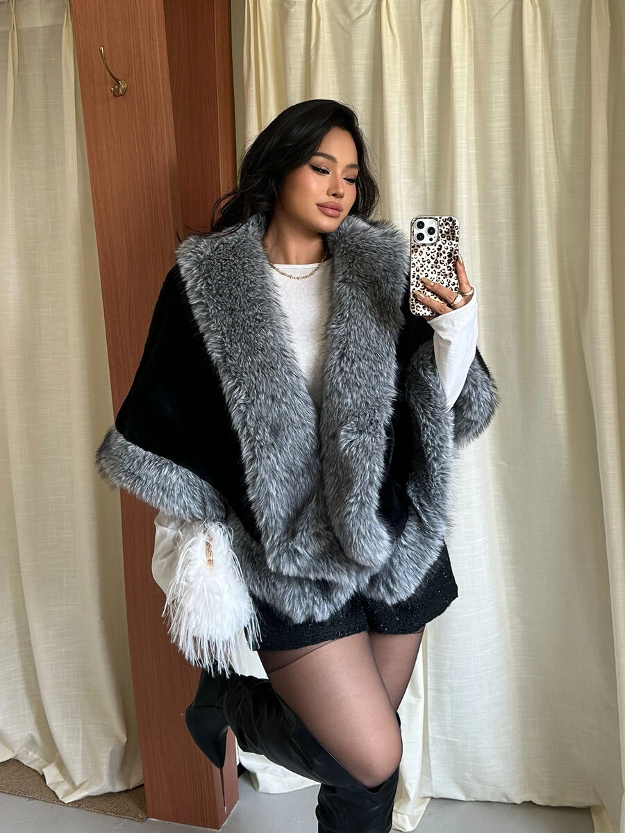 GalTyme Plus Size Women Loose Fashion Batwing Sleeve Faux Fur Coat - Multicolor - View 1