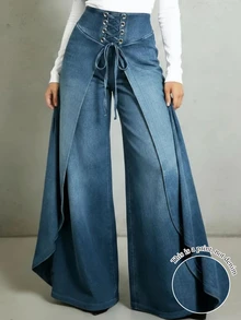 Trelyra Women's Fashion Cross Eyelet Lace-Up Printed Elastic Waist Long Pants - Blue - View 1