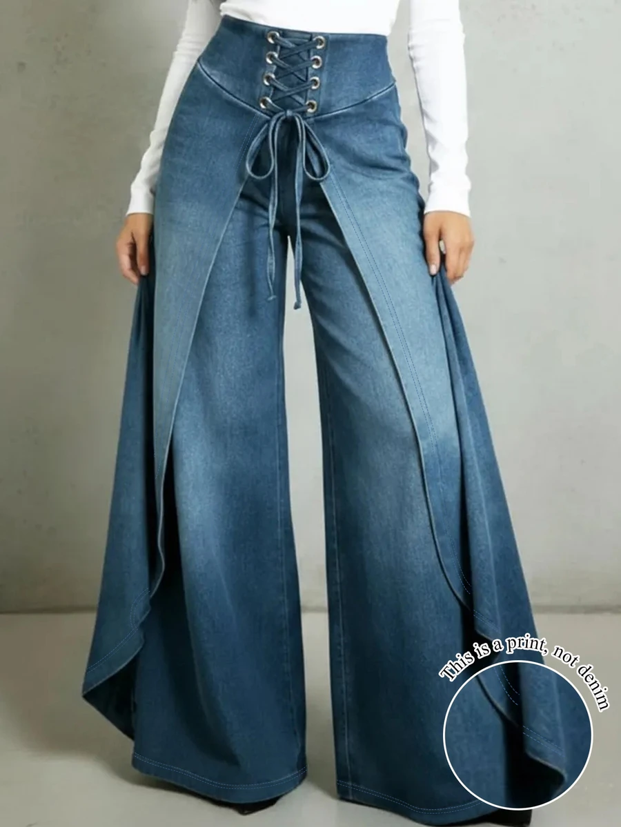 Trelyra Women's Fashion Cross Eyelet Lace-Up Printed Elastic Waist Long Pants - Blue - View 1