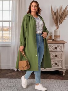 EMERY ROSE Plus Size Solid Hooded Button Front Long Sleeve Trench Coat With Pockets Fall Winter 2026 - Army Green - View 4