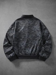 ROMWE MEN Áo nỉ unisex phong cách đường phố vintage thương hiệu, kiểu Trung Quốc mới, họa tiết rồng in kỹ thuật số màu tối, cổ đứng, khuy cài kiểu ếch - màu đen - Xem 3