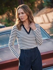 Dayvera Contrast Color Lapel Horizontal Striped Long Sleeve Polo Shirt, Slim Fit Flattering French Casual V-Neck Undershirt - Navy Blue - View 6