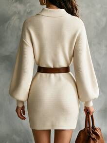 SHEIN Polo Collar Ribbed Knit Mini Dress Puff Long Sleeve Half Button Bodycon Sweater Dress - Beige - View 2