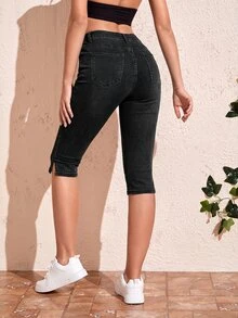 SHEIN Frenchy 女款休閒日常牛仔七分褲，附口袋與鈕扣設計 - 軍綠色 - 查看 2