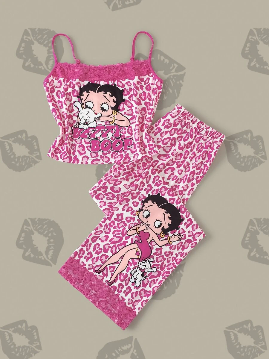 Betty Boop x SHEIN Women's Lace Patchwork Camisole Top And Pants Casual Daily Home Sleepwear Set - Hot Pink - View 1
