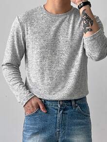 DAZY 秋冬毛絨面料灰色圓領長袖男士素色保暖底層T恤 - 灰色 - 查看 10