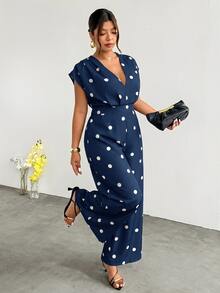 Firerie Plus Size Women Polka Dot Print V-Neck Wide Leg Jumpsuit - Navy Blue - View 1