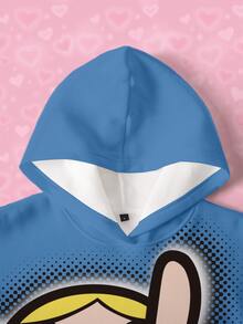 THE POWERPUFF GIRLS X SHEIN Bubbles 可愛角色印花藍色女款連帽抓絨運動衫 - 白色 - 查看 5