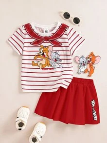 TOM & JERRY X SHEIN Young Girl Fun Striped Cartoon Pattern Round Neck Short Sleeve T-Shirt And Shorts Set - Red - View 1