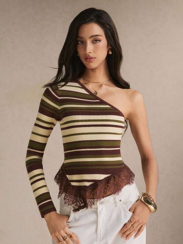 Poéselle Women's Striped Lace Patchwork Casual Daily Knit Top,Striped Long Sleeve Knitwear For Autumn Party,Autumn/Winter