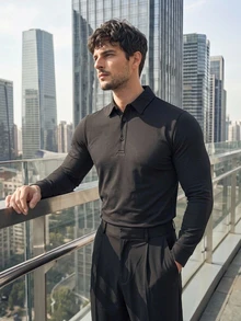 TekDrob Double Anti-Odor & Water Repellent Polo Shirt With Long Sleeves And Slim Fit - Black - View 7