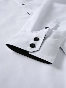 Manfinity Bizformal 男士純色斜紋領口鈕扣長袖襯衫，修身商務休閒百搭正裝襯衫 - 白色 - 查看 5